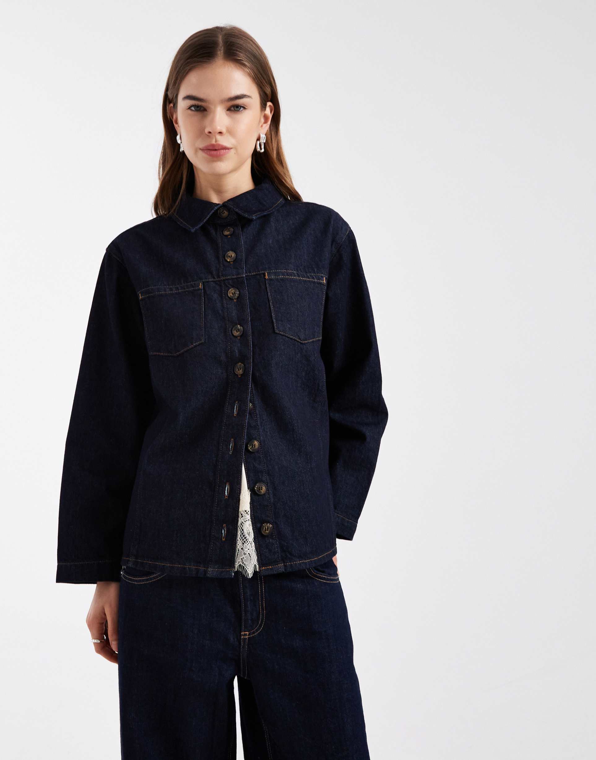 asos design cinched wrap denim shirt in vintage blue wash