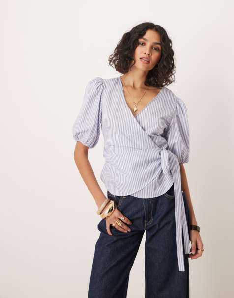 ASOS DESIGN cinched wrap top in blue stripe - view 1