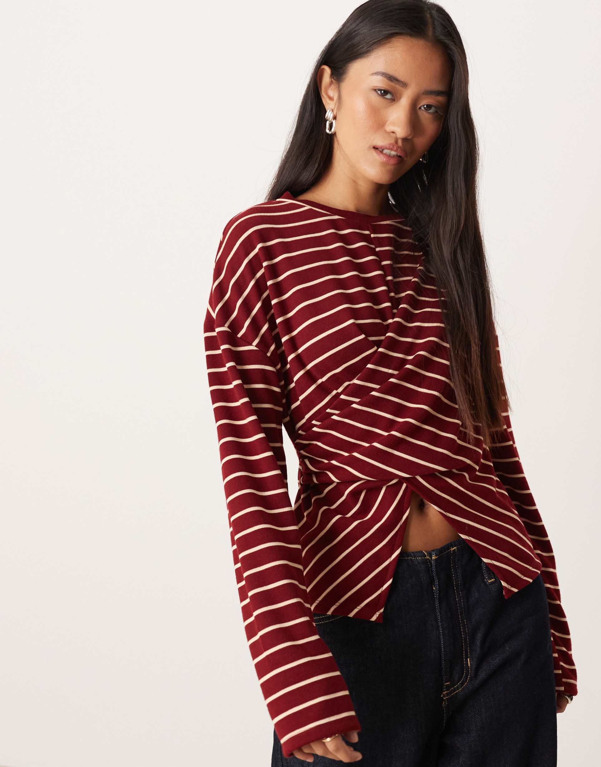 asos design cinched wrap waist long sleeve top in burgundy stripe