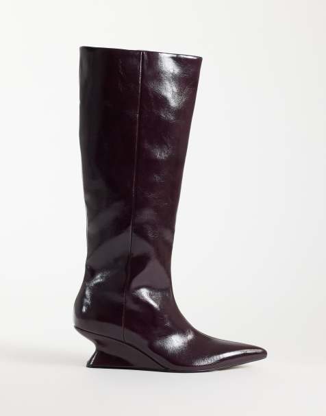 ASOS DESIGN Cinder wedge pull on knee boots in burgundy - view 1