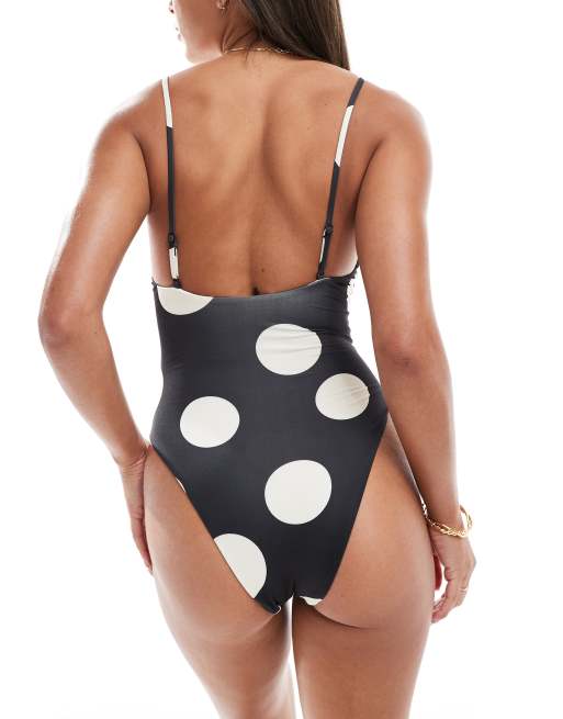 ASOS DESIGN - Cindy - Costume da bagno bianco e nero a pois a V sul davanti, 4 di 4
