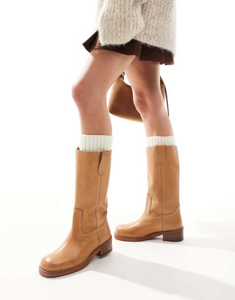 ASOS DESIGN - Cindy - Kamelbrune pull-on-støvler i læder - view 1