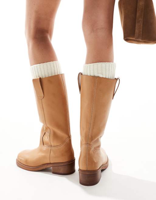 ASOS DESIGN Cindy leather pull-on boots in camel