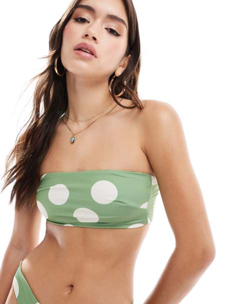 ASOS DESIGN – Cindy – Salviagrön och krämvit, prickig bikiniöverdel i bandeau-modell - view 1