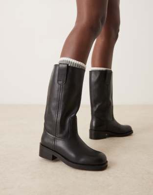 ASOS DESIGN - Cindy - Stiefel aus Leder in Schwarz mit Zuglaschen