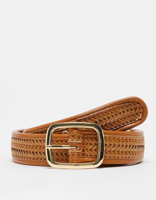 ASOS DESIGN - Cintura ampia in pelle sintetica intrecciata color cuoio con fibbia squadrata dorata