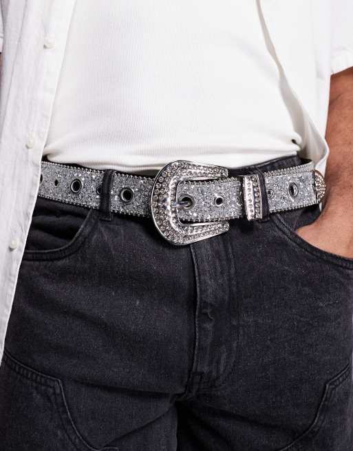 ASOS DESIGN - Cintura argento glitterato con occhielli e strass sulla fibbia
