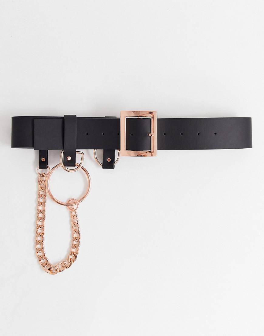 ASOS DESIGN - Cintura con catena e anelli oro rosa-Nero