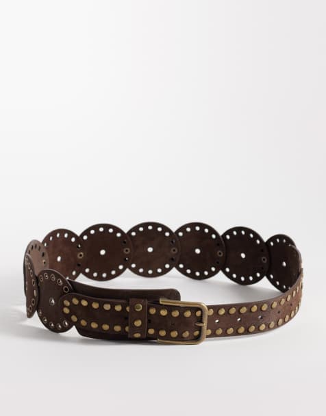ASOS DESIGN - Cintura con disco rotondo in camoscio sintetico marrone con borchie - view 1