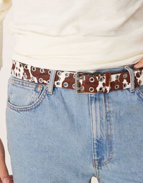 ASOS DESIGN - Cintura con fibbia a scorrimento con borchie marrone con motivo pezzato - view 1