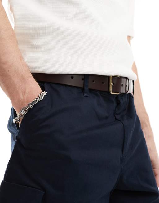 ASOS DESIGN - Cintura in pelle marrone con fibbia scorrevole oro brunito