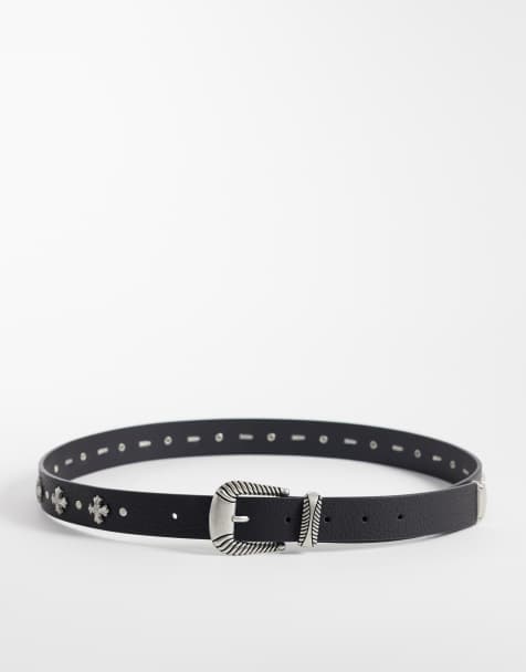 ASOS DESIGN - Cintura in pelle sintetica nera con borchie a forma di croce e fibbia zigrinata stile western - view 1