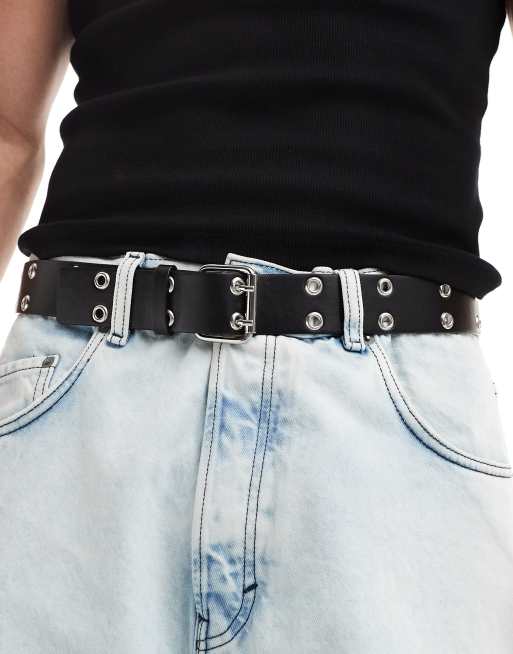 ASOS DESIGN - Cintura in pelle sintetica nera con fibbia a rullo e occhielli