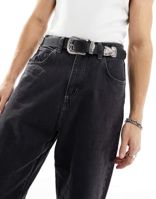 ASOS DESIGN - Cintura in pelle sintetica nera stile western con dettaglio intrecciato e parti metalliche argentate