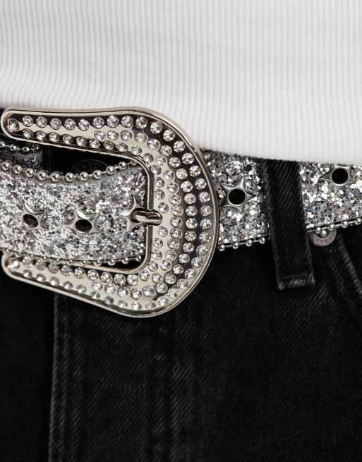 ASOS DESIGN - Cintura in pelle sintetica stile western color argento con glitter e cristalli, 2 di 4