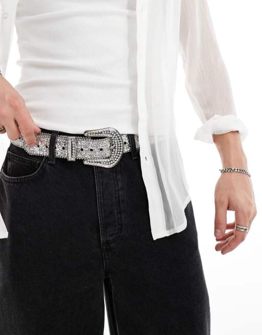 ASOS DESIGN - Cintura in pelle sintetica stile western color argento con glitter e cristalli, 4 di 4