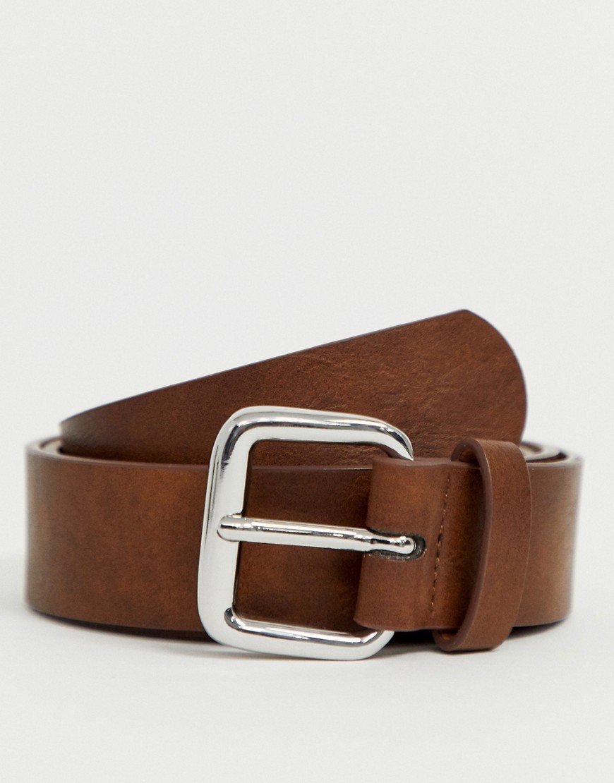 ASOS DESIGN - Cintura larga in ecopelle cuoio vintage con fibbia argento