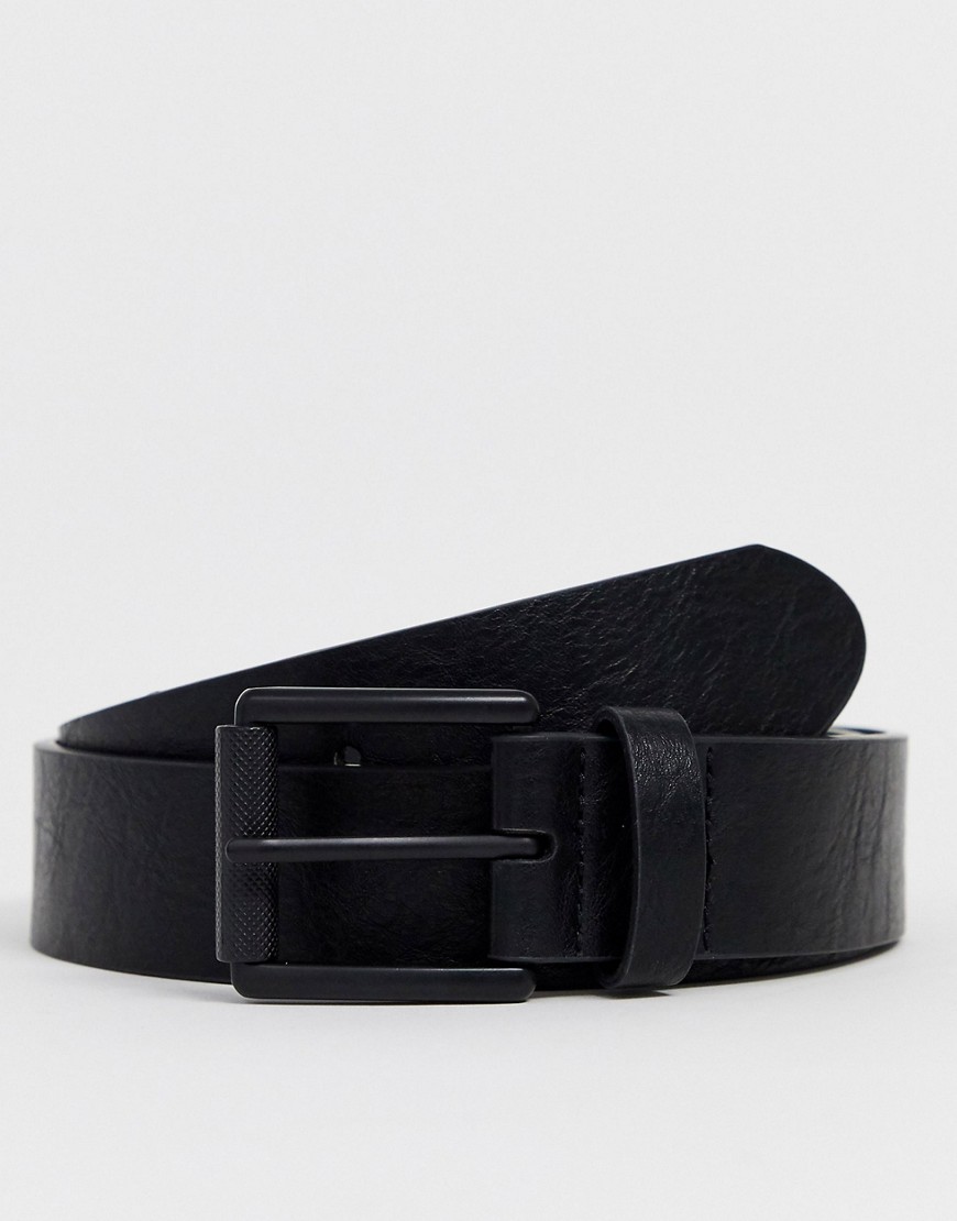 ASOS DESIGN - Cintura larga in ecopelle nera con fibbia a rullo nero opaco