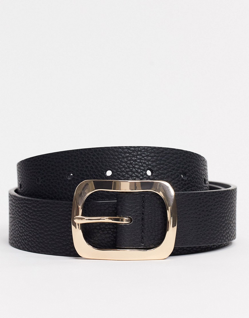 ASOS DESIGN - Cintura larga in ecopelle nera con fibbia oro-Nero