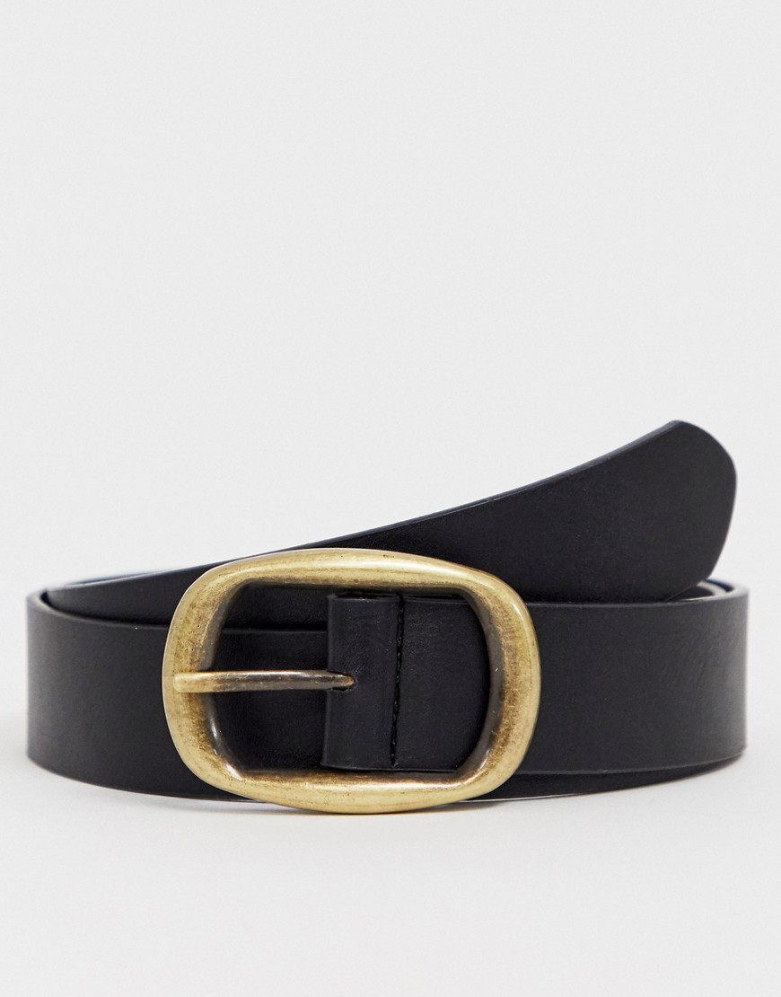 ASOS DESIGN - Cintura larga in ecopelle nera con fibbia ovale oro antico-Nero