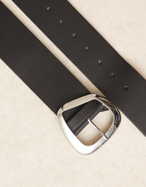 ASOS DESIGN - Cintura larga nera con fibbia squadrata astratta argentata, 2 di 3