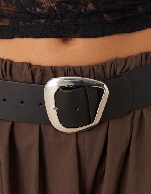 ASOS DESIGN - Cintura larga nera con fibbia squadrata astratta argentata, 3 di 3