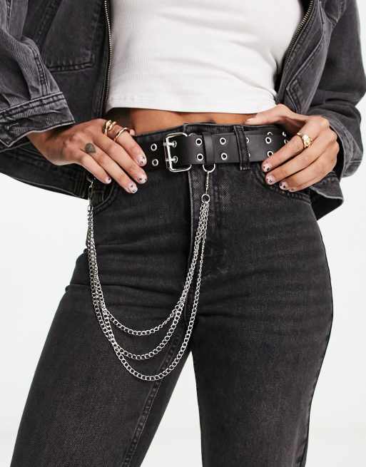 ASOS DESIGN - Cintura larga nera con occhielli e dettaglio con catena