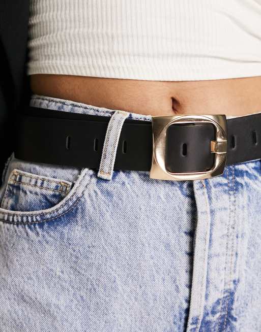 ASOS DESIGN - Cintura nera con fibbia spessa color oro, 3 di 4