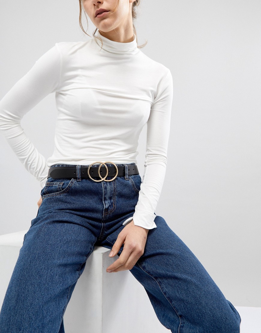 ASOS DESIGN - Cintura per jeans in pelle con doppio cerchio per vita e fianchi-Nero
