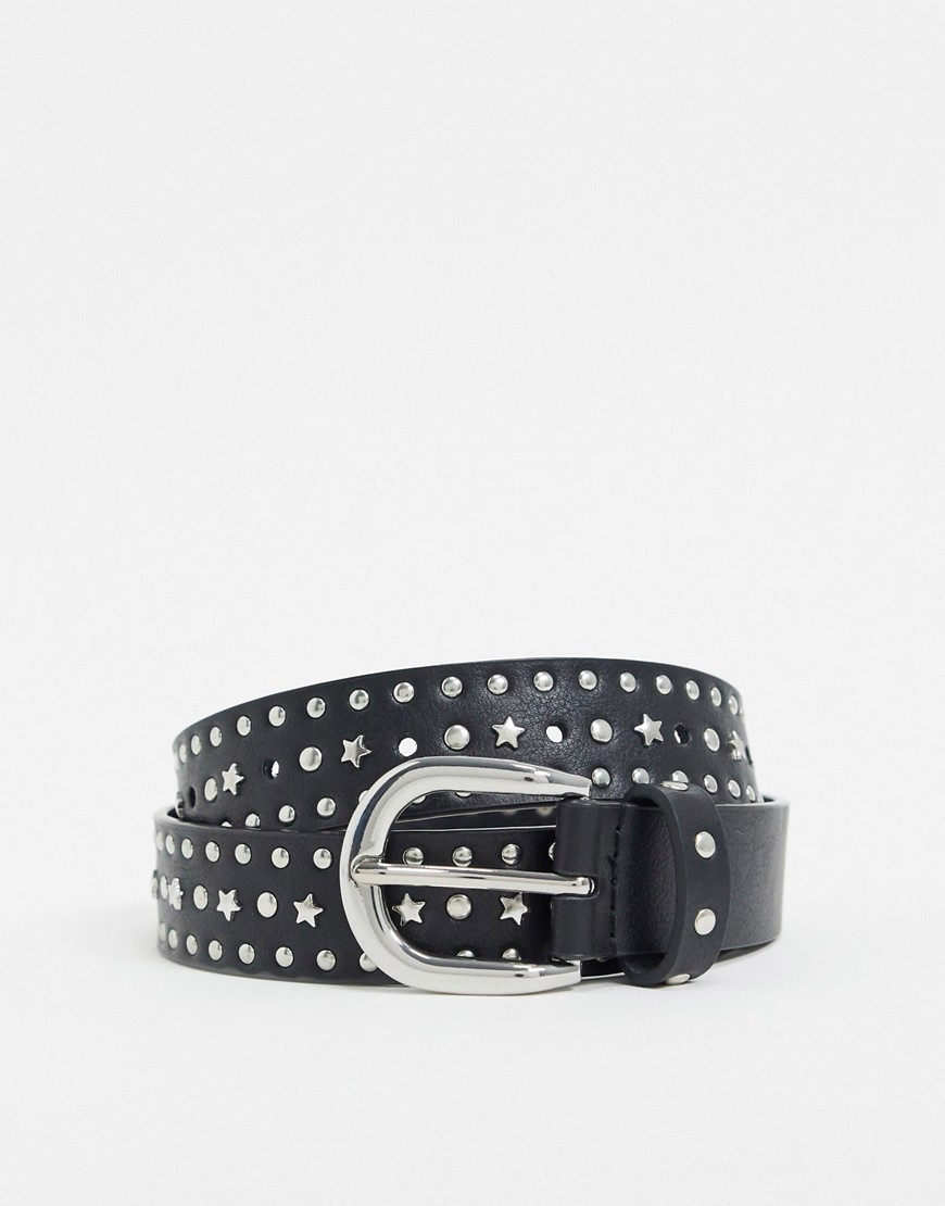 ASOS DESIGN - Cintura per jeans nera da indossare su fianchi e in vita con stelle e borchie argento-Nero