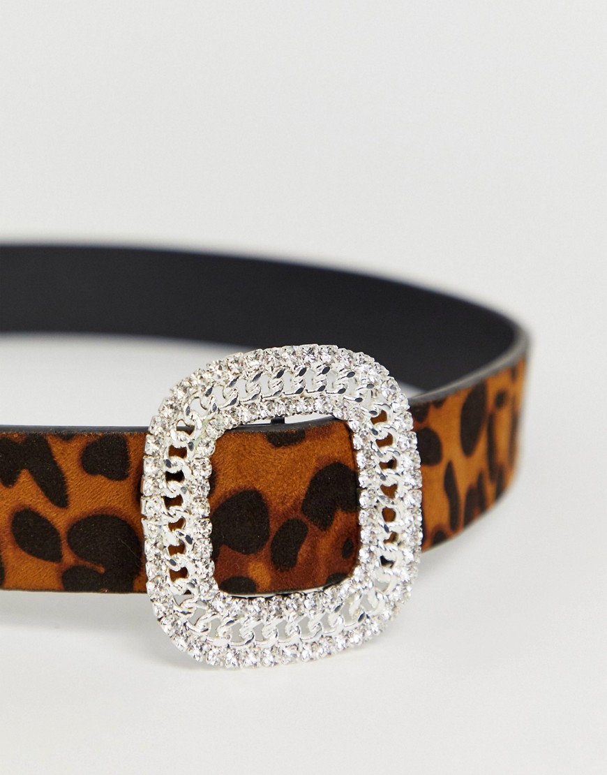 ASOS DESIGN - Cintura per vita e fianchi leopardata e fibbia tartarugata con strass-Marrone