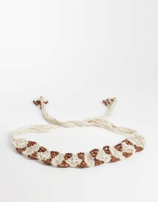 ASOS DESIGN - Cintura premium in tessuto macramè colore naturale con perline