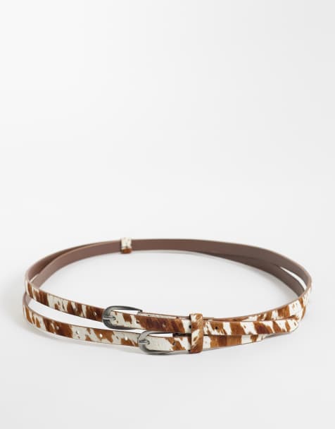 ASOS DESIGN cintura skinny a doppia fibbia con stampa mucca marrone - view 1
