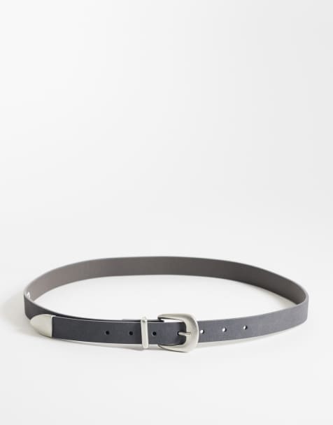 ASOS DESIGN - Cintura skinny grigio scuro con fibbia curva argentata e punta in metallo - view 1