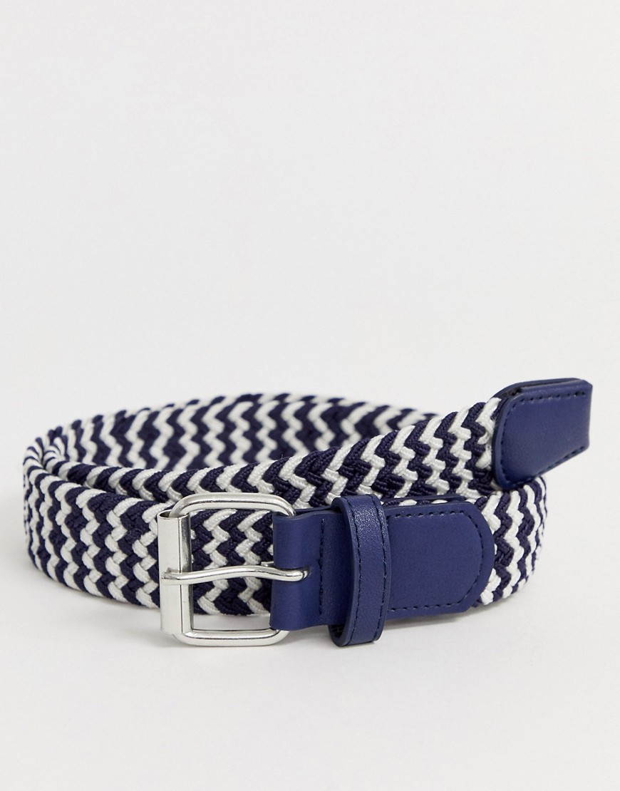 ASOS DESIGN - Cintura slim intrecciata blu navy e bianca