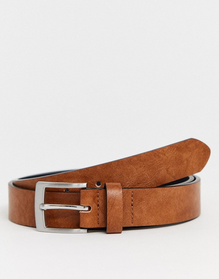 ASOS DESIGN - Cintura sottile in ecopelle color cuoio vintage con fibbia argento