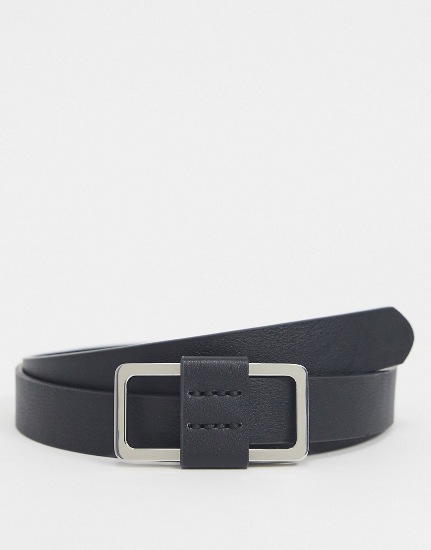 ASOS DESIGN - Cintura sottile in ecopelle nera con fibbia squadrata-Nero