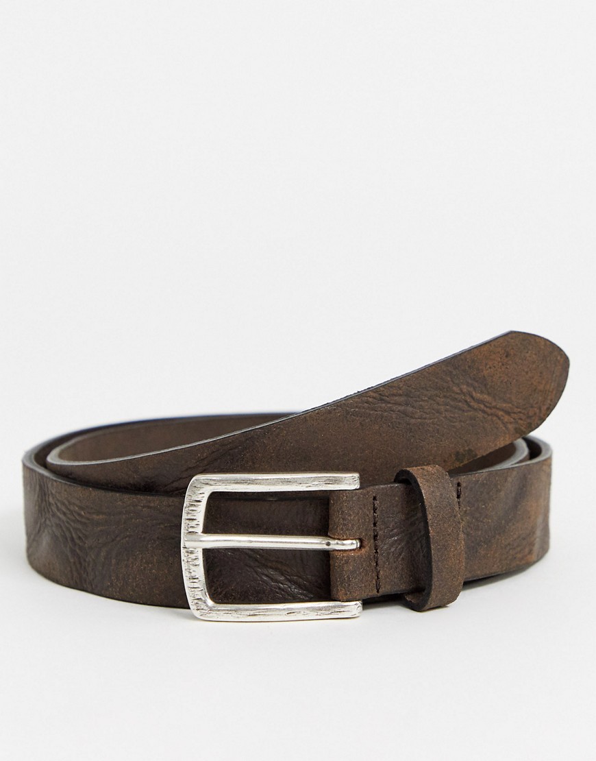 ASOS DESIGN - Cintura sottile in pelle marrone vintage con fibbia argento