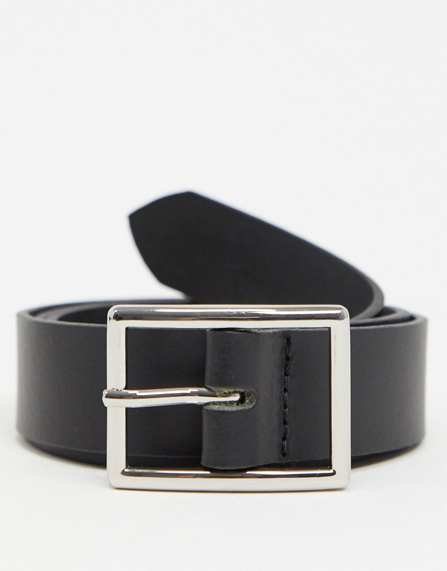 ASOS DESIGN - Cintura sottile in pelle nera con fibbia squadrata argento-Nero