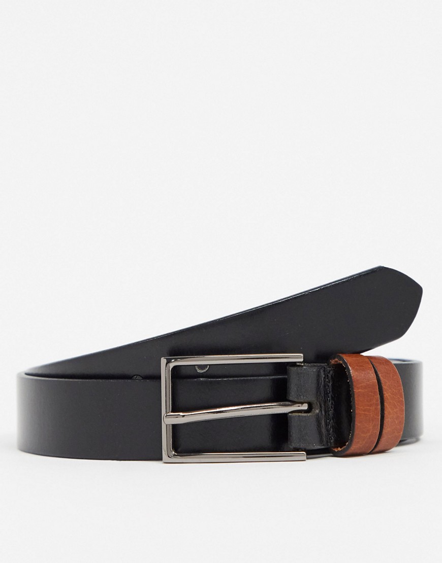 ASOS DESIGN - Cintura sottile in pelle nera con passanti marroni a contrasto-Nero