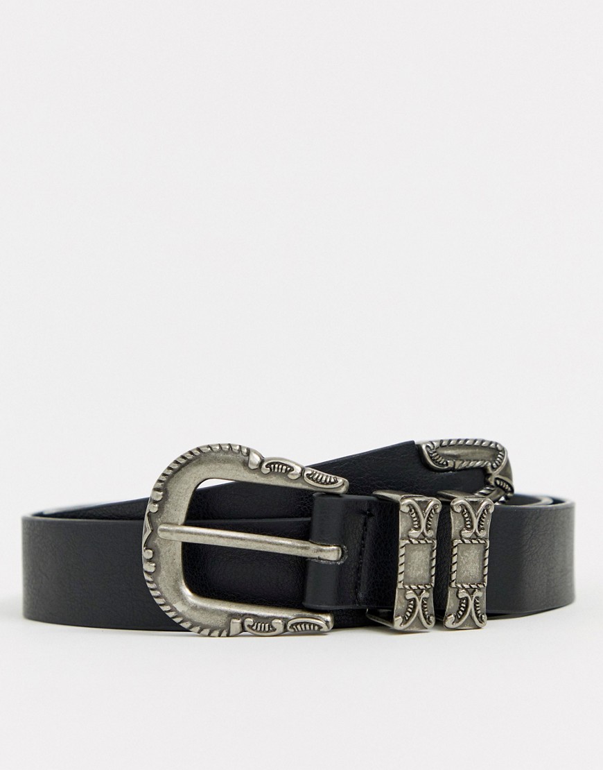 ASOS DESIGN - Cintura sottile in pelle sintetica nera stile western con doppio passante in metallo-Nero