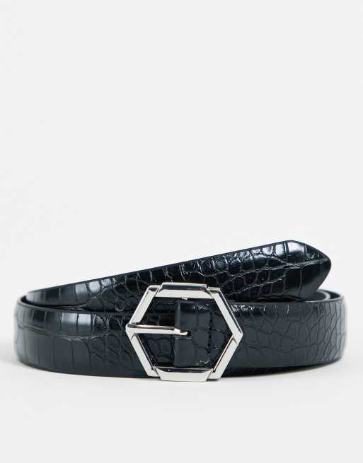ASOS DESIGN - Cintura sottile nera in pelle sintetica con fibbia esagonale 