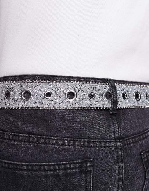 ASOS DESIGN - Cintura western stile cowboy in pelle sintetica argento glitterato con occhielli, 3 di 3