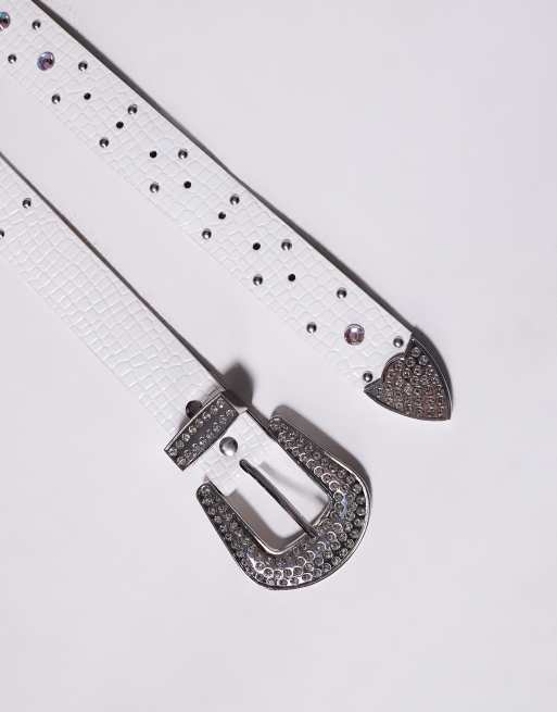 DESIGN - Cintura western stile cowboy in pelle sintetica nera con strass e borchie