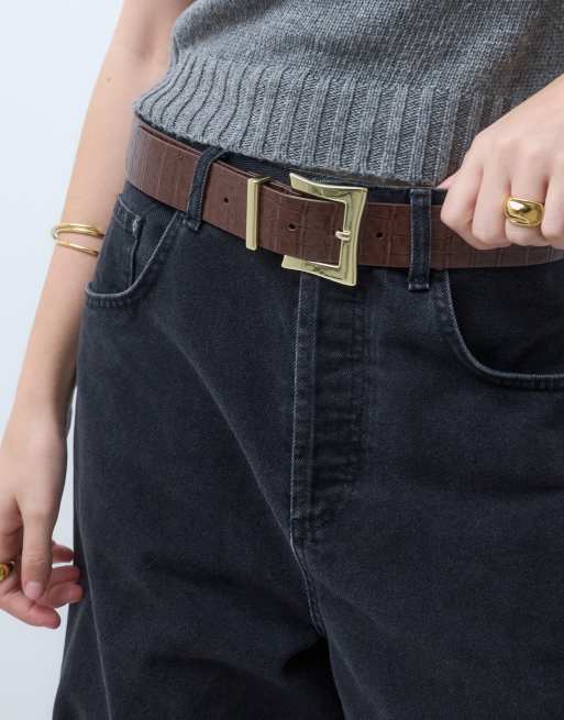 ASOS DESIGN cinturón ancho para cadera y cintura con hebilla cuadrada en efecto cocodrilo chocolate, 2 de 4