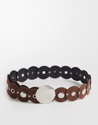 Asos Design Circle Disc Belt With Silver Hardware In Brown