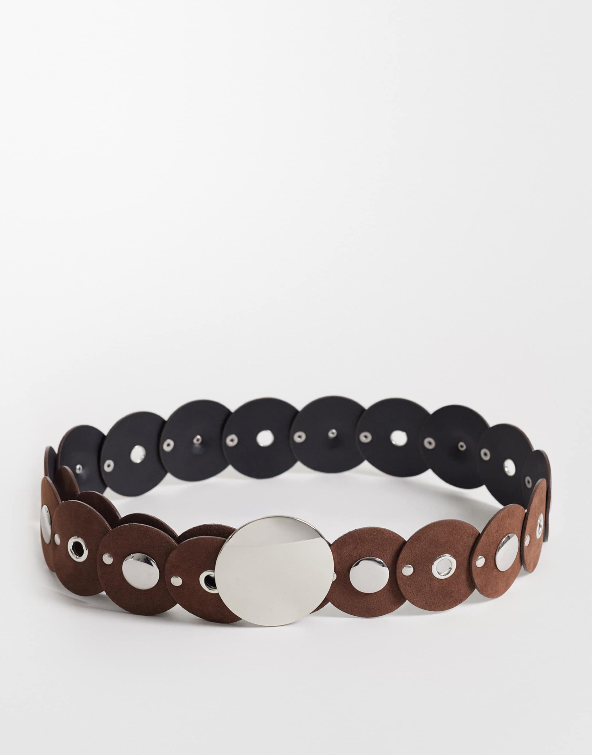 asos design circle disc belt with silver hardware in brown