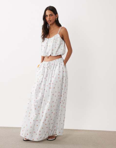 ASOS DESIGN circle skirt in blue stripe with floral print cotton poplin - part of a set - view 1