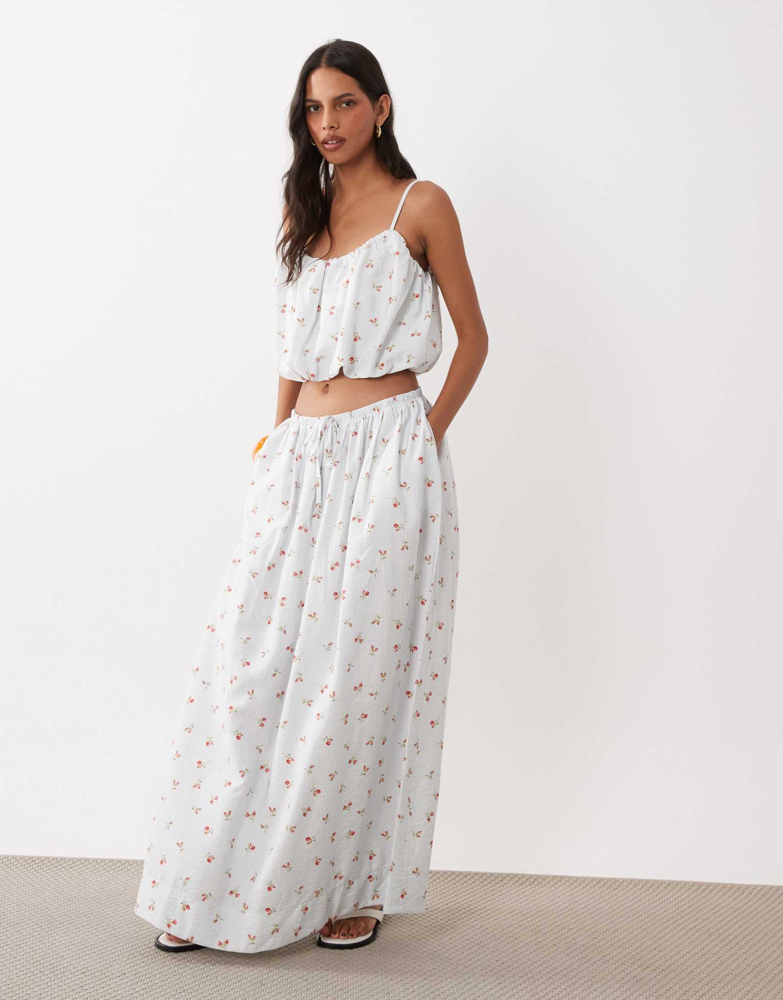 Круглая юбка ASOS DESIGN из хлопкового поплина в синюю полоску с цветочным принтом - часть комплекта multi
