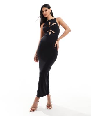 circle trim cut out midi dress in black